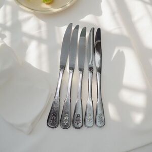 5 Vintage Oneida Deluxe Pfaltzgraff VILLAGE Dinner Knives Stainless Flatware B12